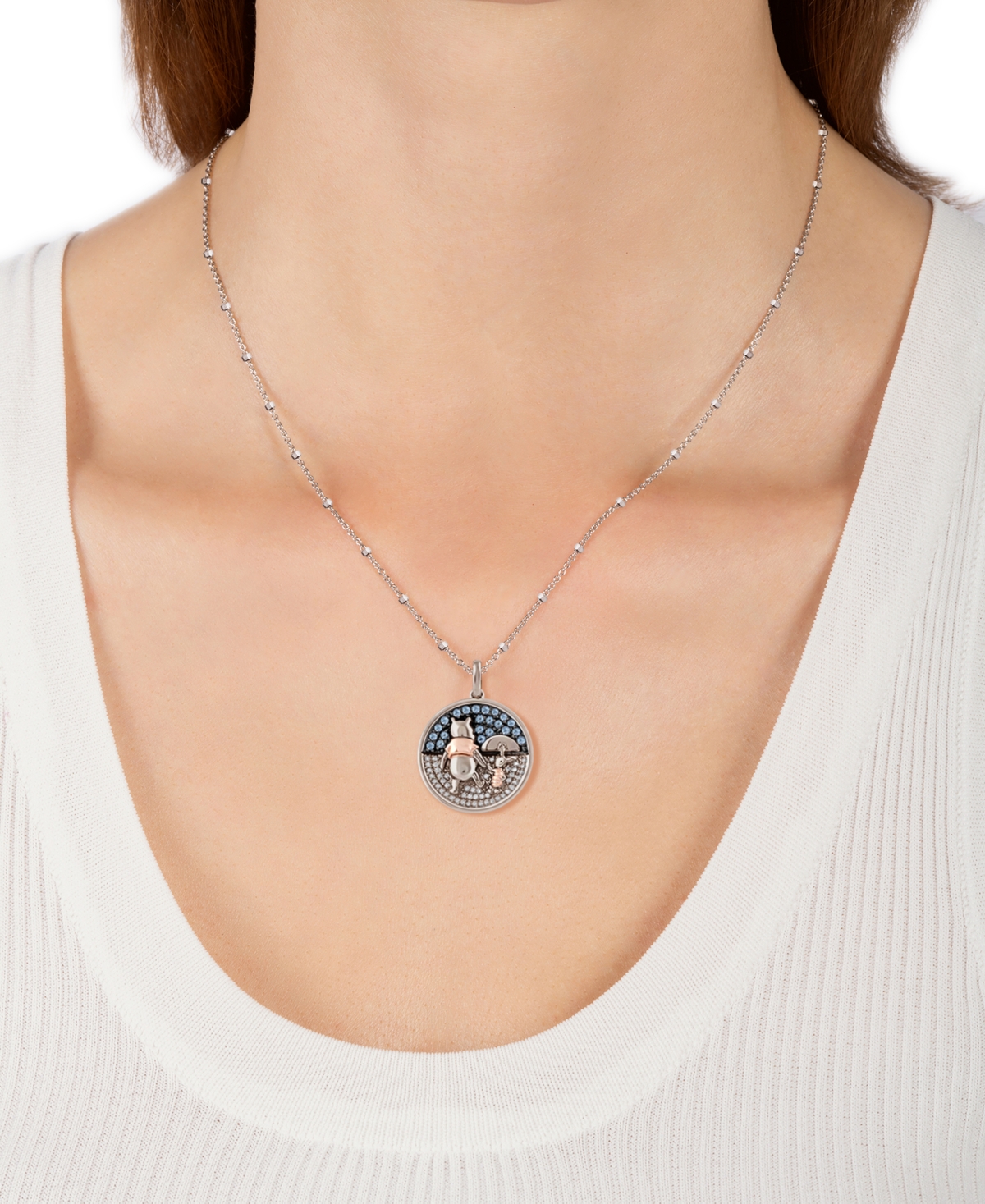 Disney Wonder Fine Jewelry Swiss Blue Topaz (1/4 ct. t.w.) & Diamond (1/10 ct. t.w.) Pooh & Piglet Pendant Necklace in Sterling Silver & 14k Rose