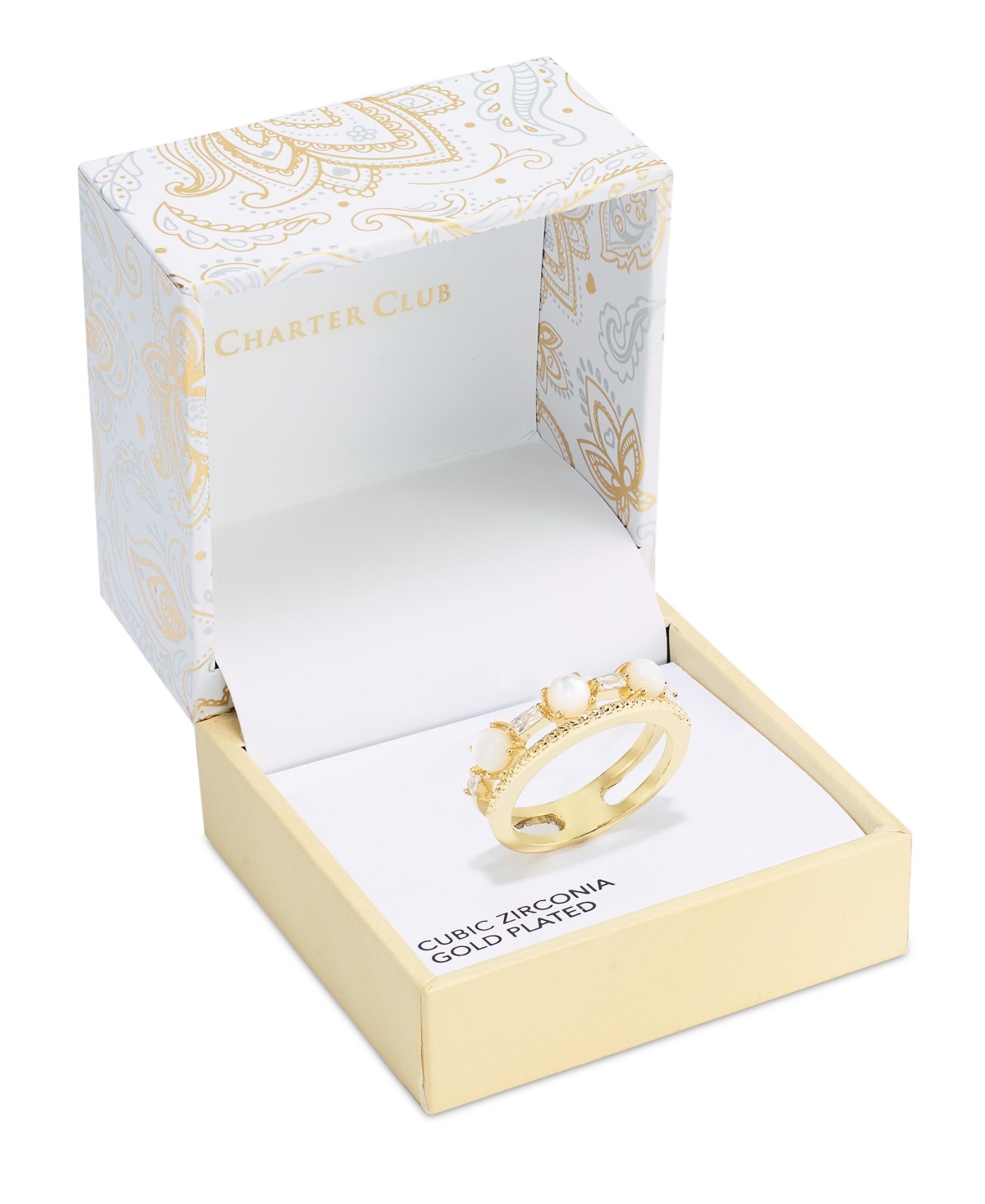Charter ClubTone Cubic Zirconia & Imitation Pearl Double-Row Ring, Created for Macy's - Gold