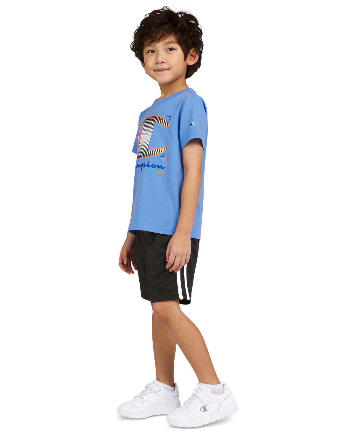Shop Champion Little Boys Logo Graphic T-shirt & Shorts, 2 Piece Set In Retro Blue