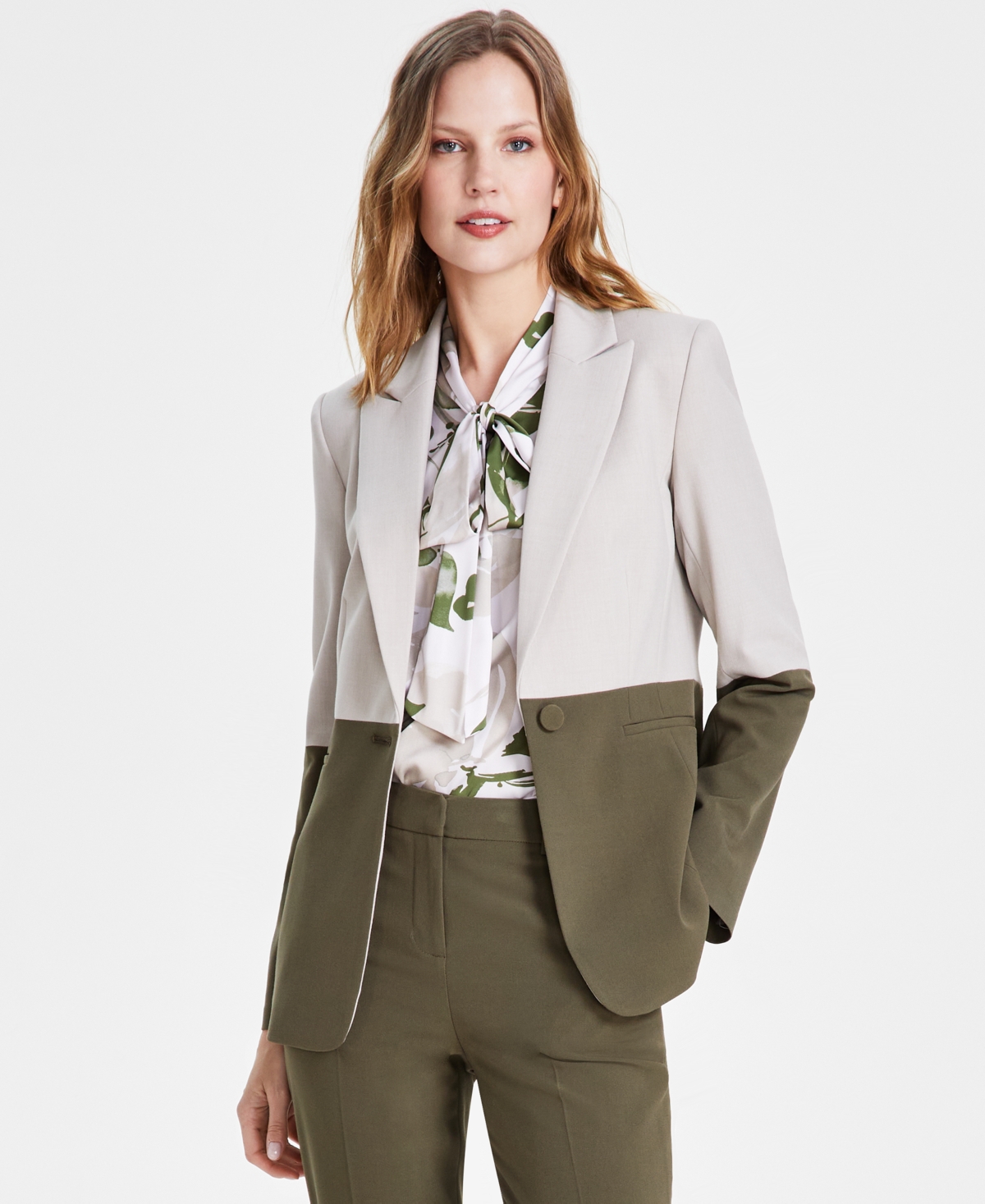Tahari Asl Women's Peak-Lapel Colorblocked Single-Button Blazer -Loden