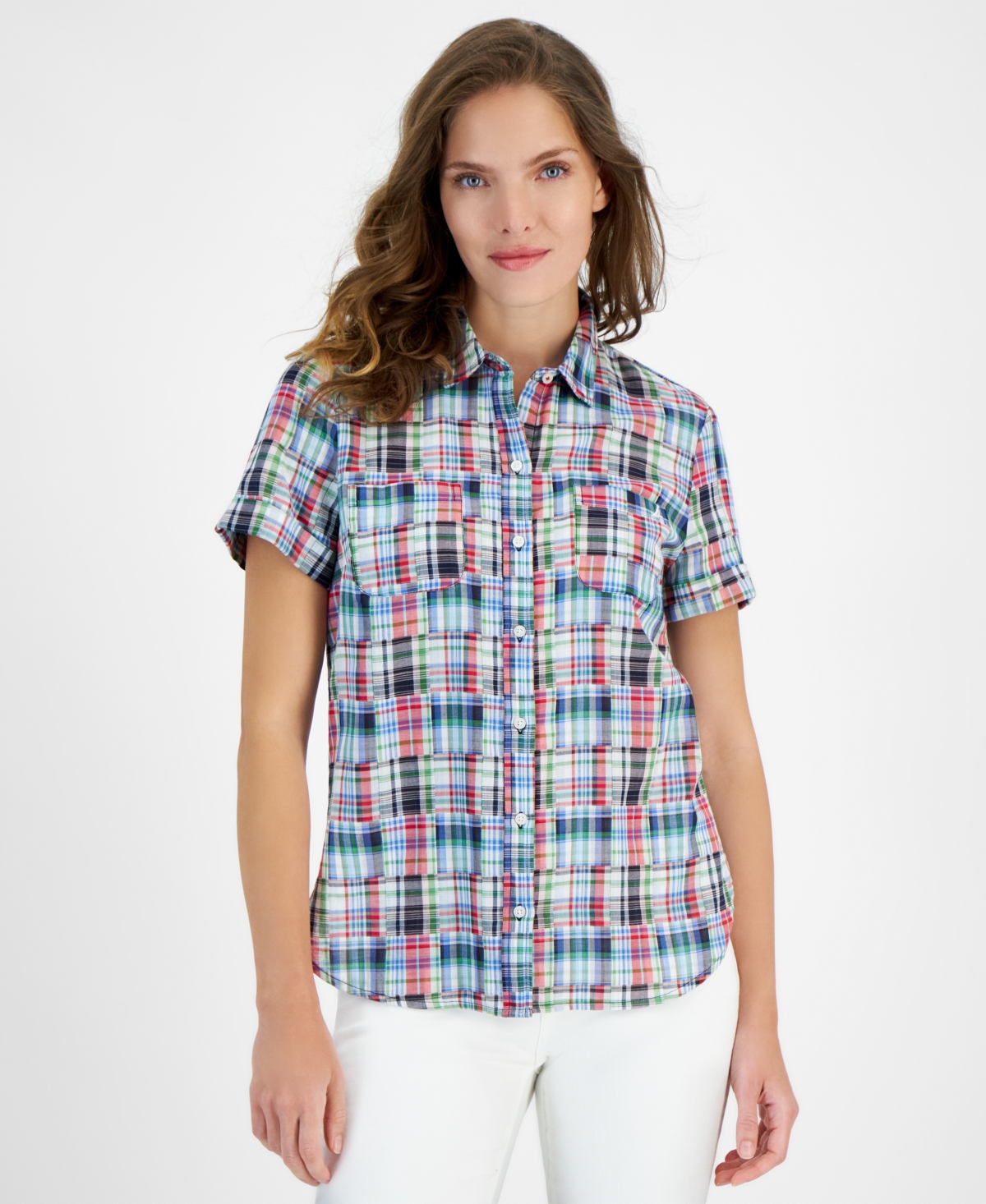 Shop Nautica Jeans Women's Patchwork Plaid Cotton Shirt In Nigh Sky M