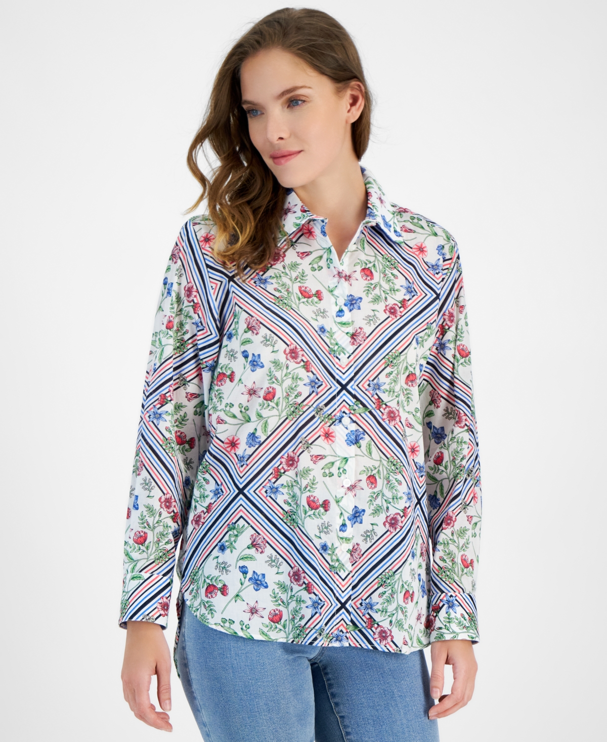 Shop Nautica Jeans Women's Scarf-print Cotton Button-front Shirt In Brght Wht