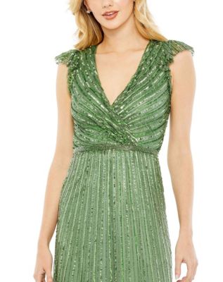 Women's Sequined Wrap Over Cap Sleeve Ruffle Hem Dress