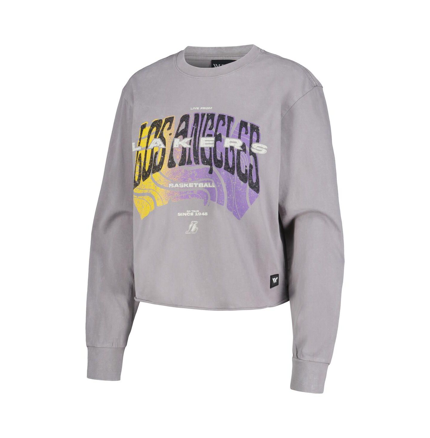 Женская футболка The Wild Collective Gray Distressed Los Angeles Lakers Band Cropped Long Sleeve — фото 3