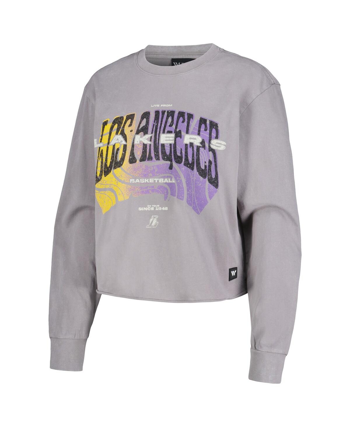 Shop The Wild Collective Women's  Gray Distressed Los Angeles Lakers Band Cropped Long Sleeve T-shirt