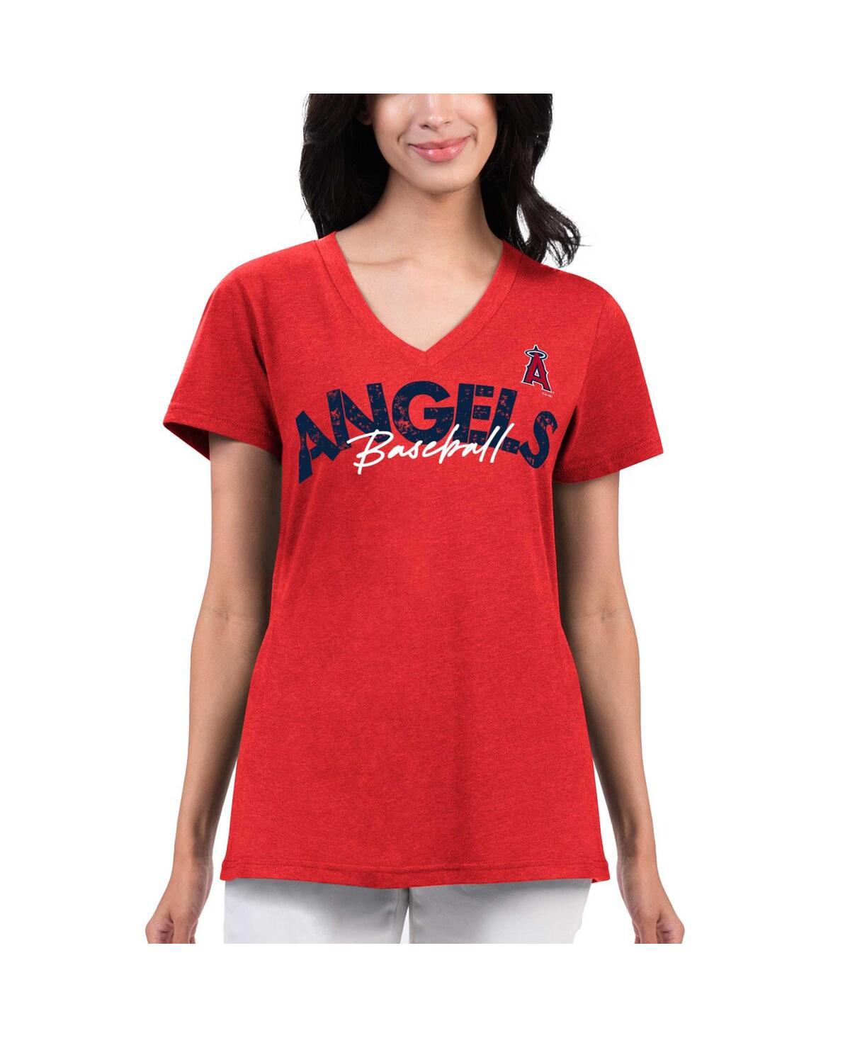 G-iii 4her By Carl Banks Women's  Red Distressed Los Angeles Angels Key Move V-neck T-shirt