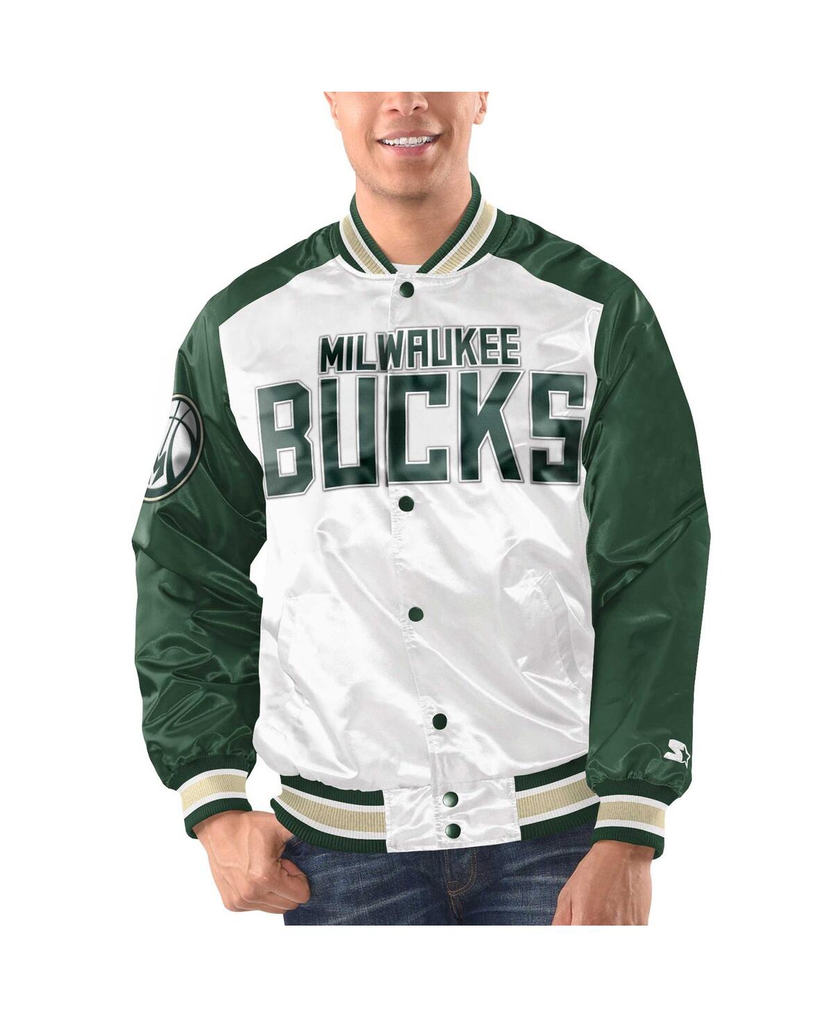 Starter Men's  White, Hunter Green Milwaukee Bucks Renegade Satin Full-snap Varsity Jacket In White,hunter Green