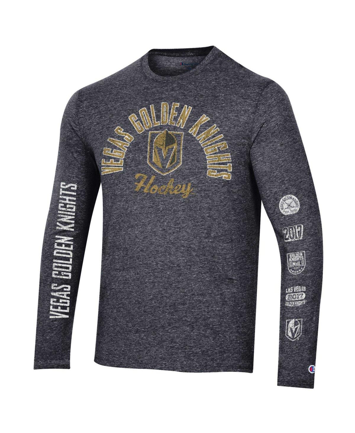 Shop Champion Men's  Black Distressed Vegas Golden Knights Multi-logo Tri-blend Long Sleeve T-shirt