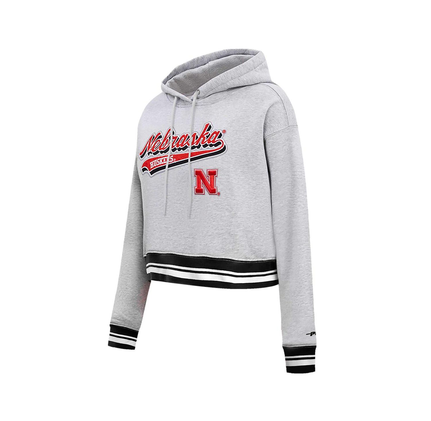 Women's Heather Gray Nebraska Huskers Script Tail Fleece Cropped Pullover Hoodie