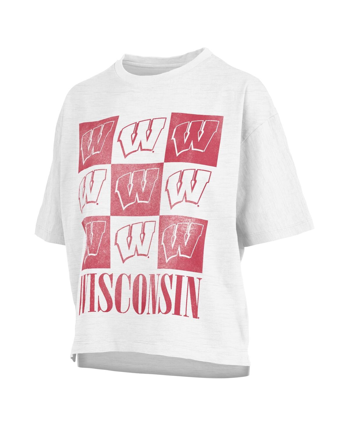 Pressbox Women's  White Distressed Wisconsin Badgers Motley Crew Andy Waist Length Oversized T-shirt