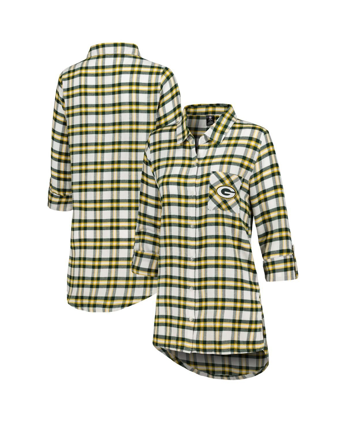 Women's Concepts Sport Green Green Bay Packers Sienna Plaid Full-Button Long Sleeve Nightshirt - Green