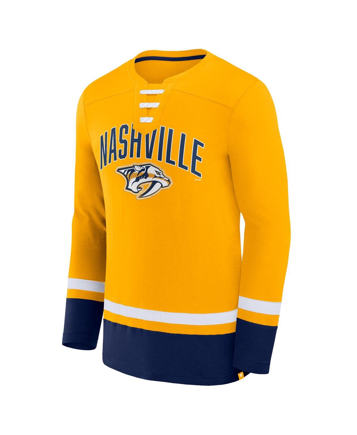 Shop Fanatics Men's  Gold Nashville Predators Back Pass Lace-up Long Sleeve T-shirt