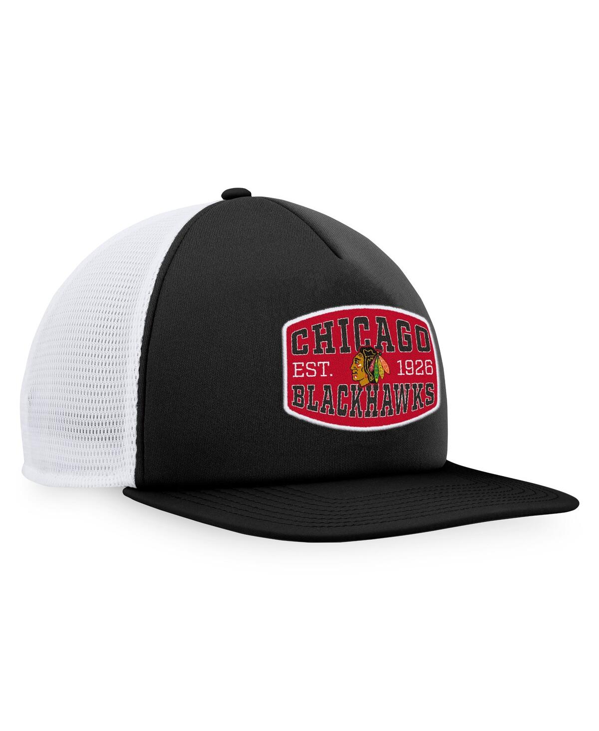 Fanatics Men's  Black, White Chicago Blackhawks Foam Front Patch Trucker Snapback Hat In Black,white