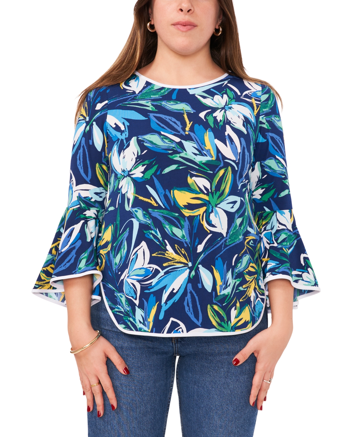 Shop Sam & Jess Petite Floral-print Bell-sleeve Piped Top In Navy,blue