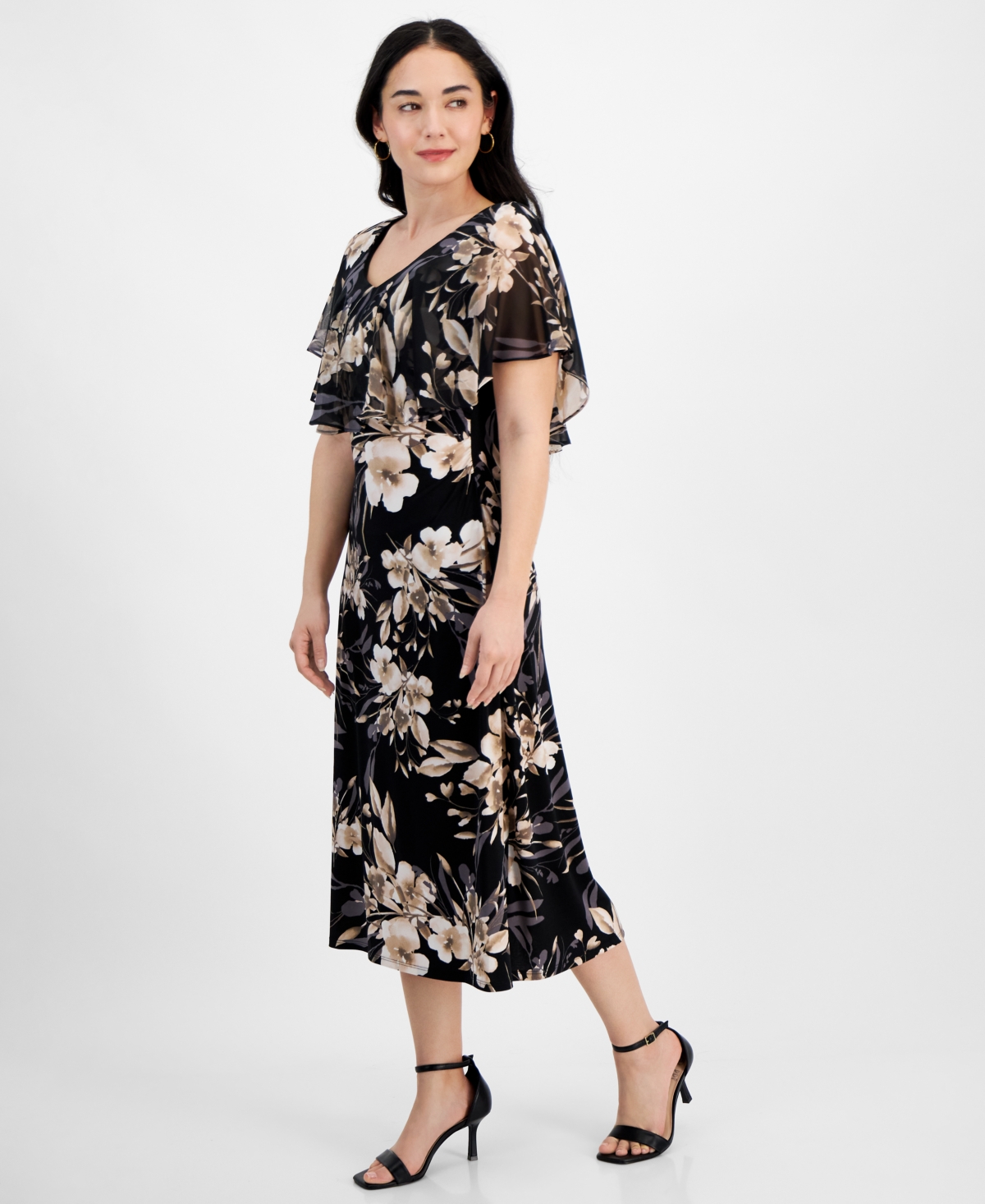 Shop Connected Petite V-neck Floral Cape Midi Dress In Taupe