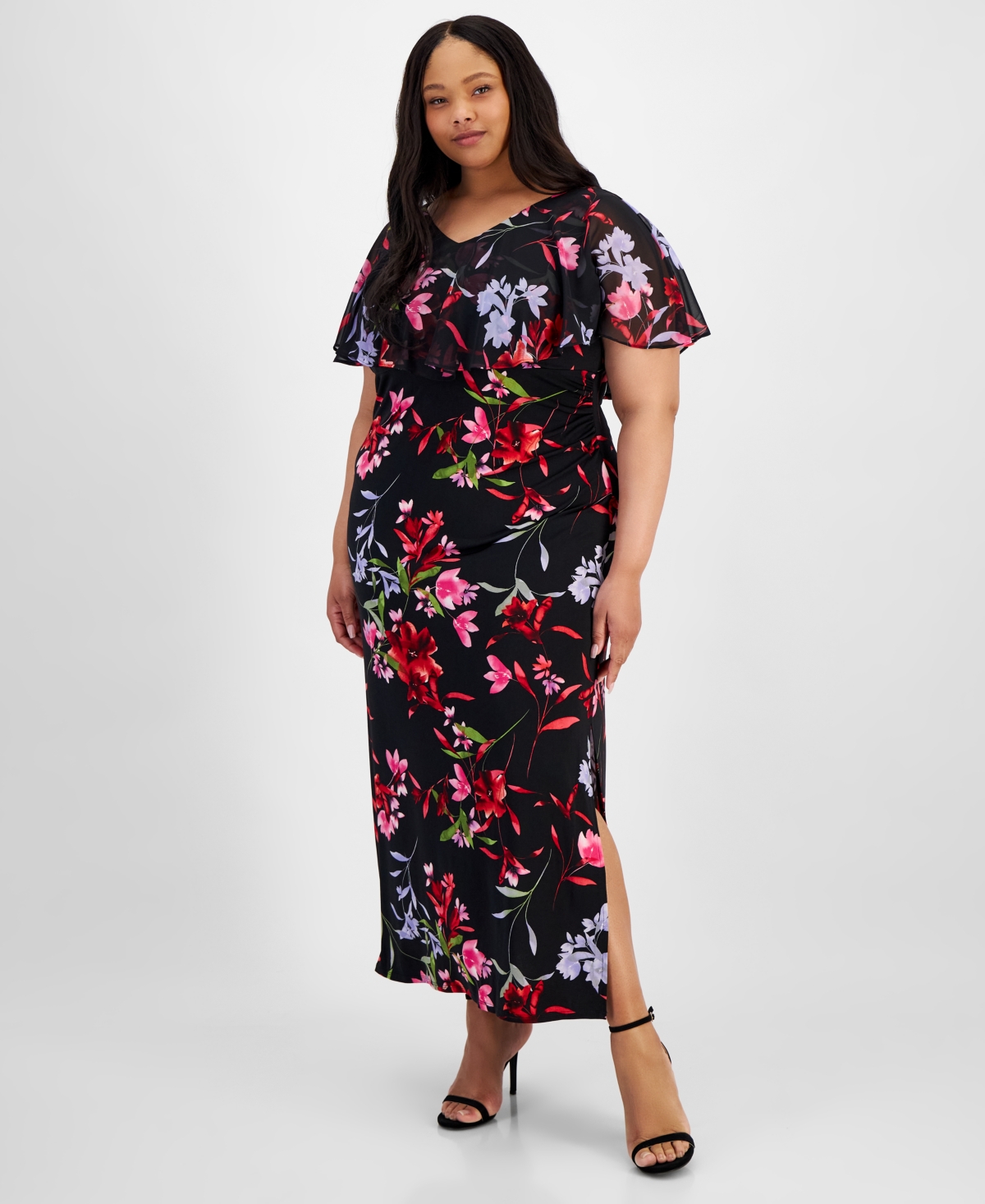 Plus Size V-Neck Floral Cape Maxi Dress - Red