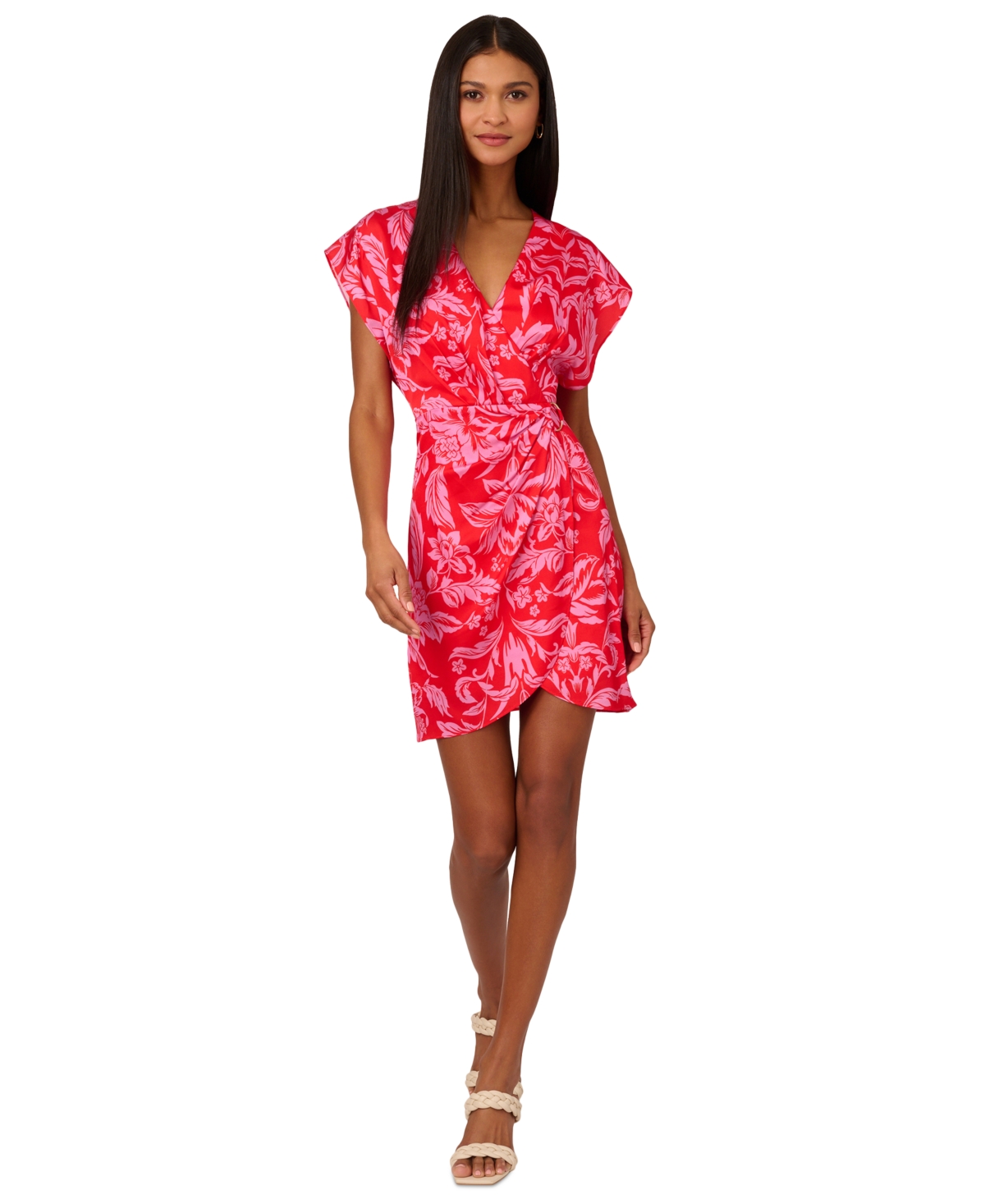 Shop Adrianna By Adrianna Papell Women's Floral-print Faux-wrap Dress In Red,pink