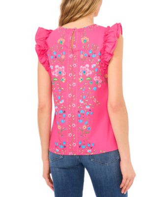 Women's Floral Print Ruffled Sleeve Crewneck Blouse