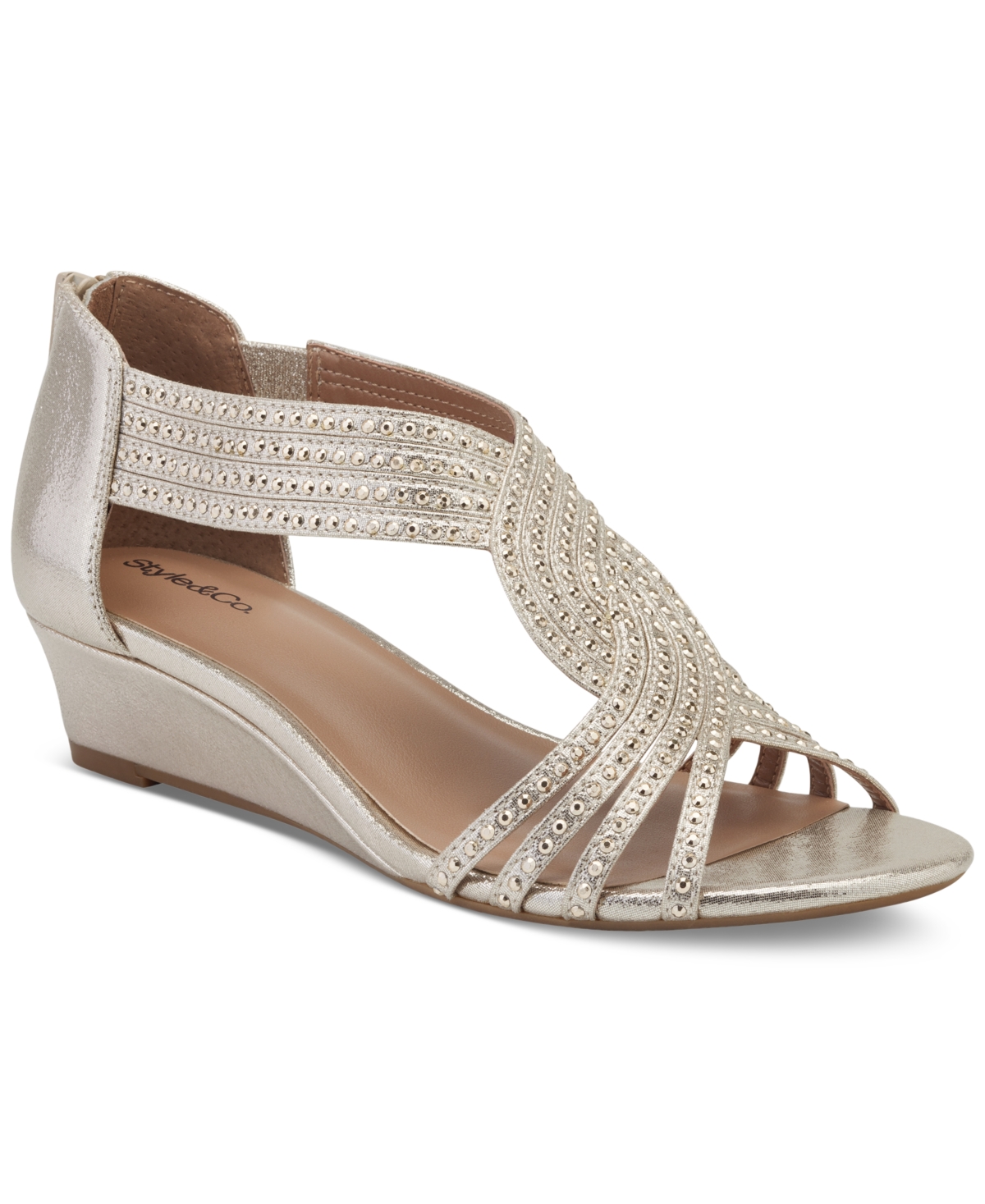 Shop Style & Co Women's Ginifur Embellished Satin Strappy Wedge Sandals, Created For Macy's In Platino