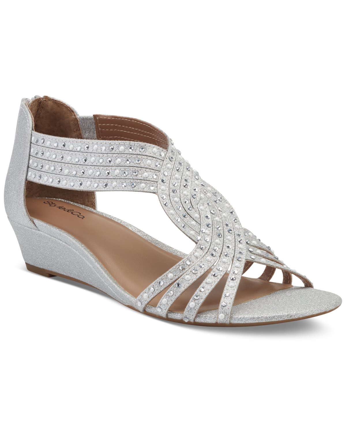 Shop Style & Co Women's Ginifur Embellished Satin Strappy Wedge Sandals, Created For Macy's In Silver Pearl