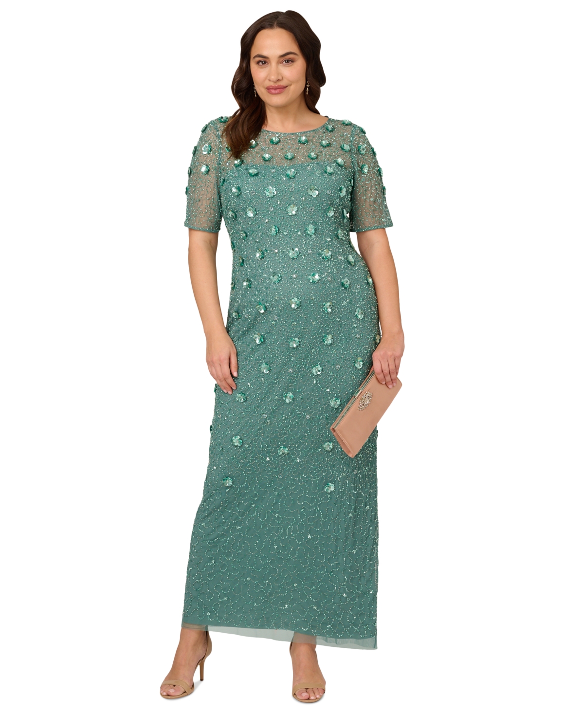 Shop Adrianna Papell Plus Size 3d Floral Embellished Gown In Greenslate