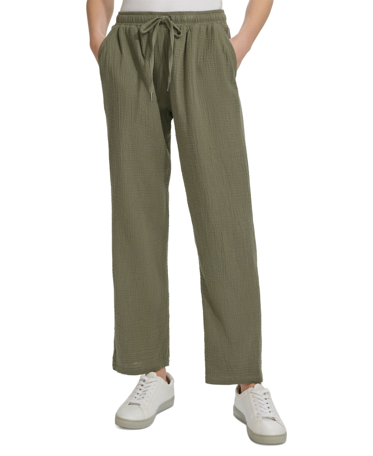Shop Calvin Klein Jeans Est.1978 Petite Crepe Gauze Straight-leg Pants In Dusty Olive