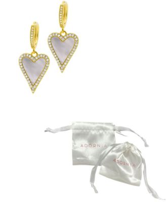 14K Gold-Plated White Mother-of-Pearl Crystal Halo Heart Drop Huggie Earrings