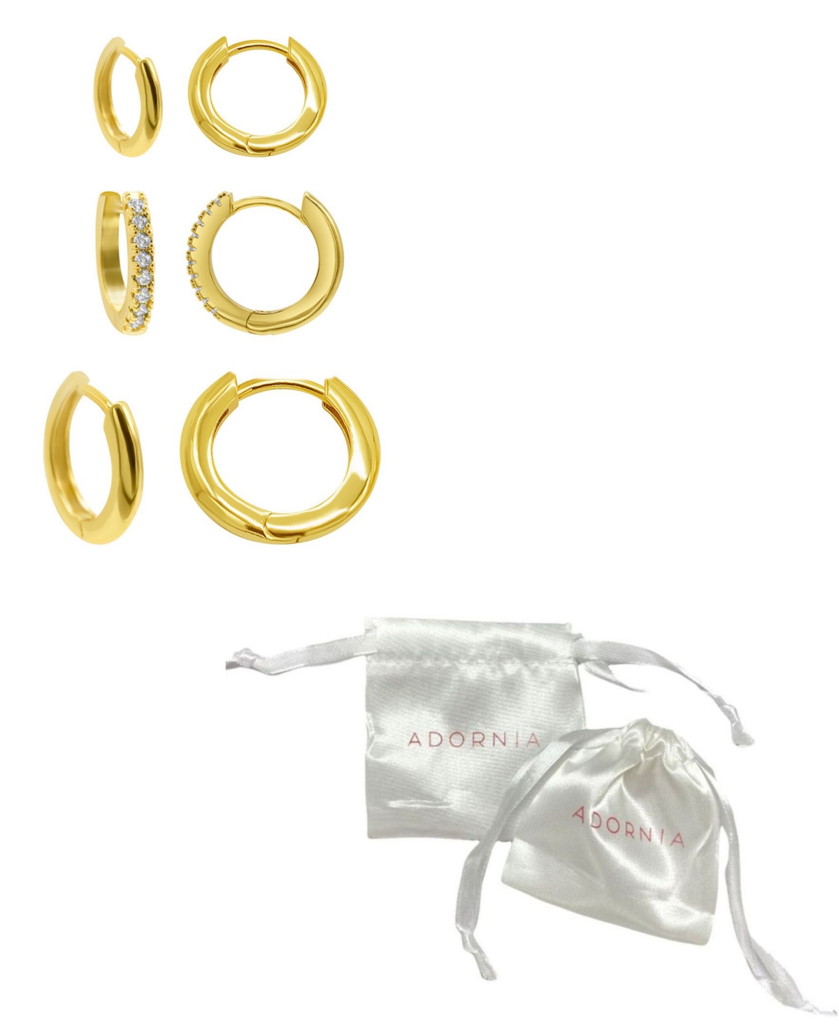 Adornia 14k Gold Plated 3-huggie Hoop Earrings Set With 1-crystal Hoop In Gold