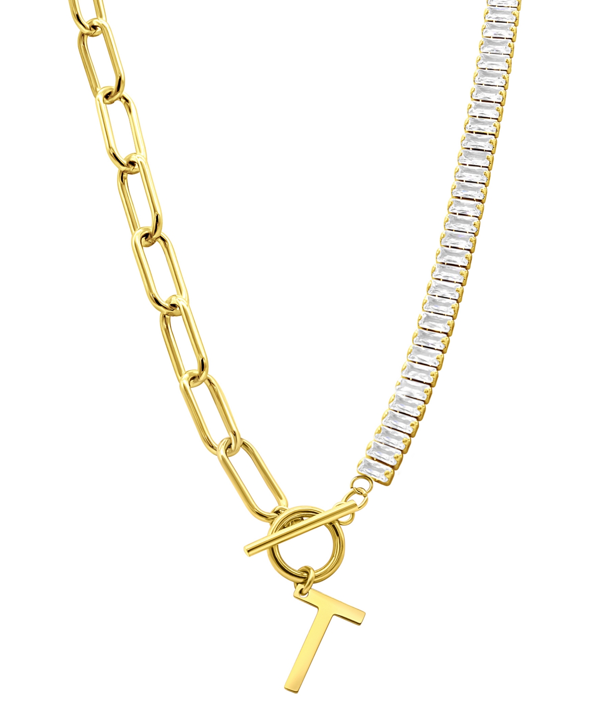 Adornia 14K Gold-Plated Half Crystal and Half Paperclip Initial Toggle Necklace - Gold- T