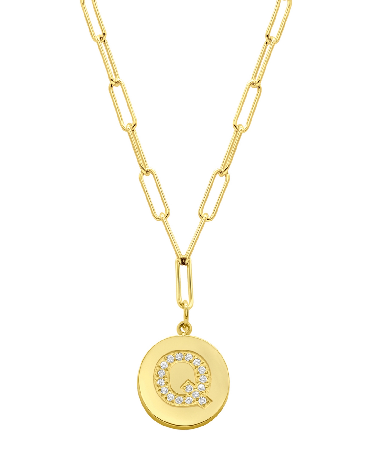 Adornia Tarnish Resistant 14K Gold Plated Pave Crystal Initial Disc Paperclip Necklace - Gold- Q
