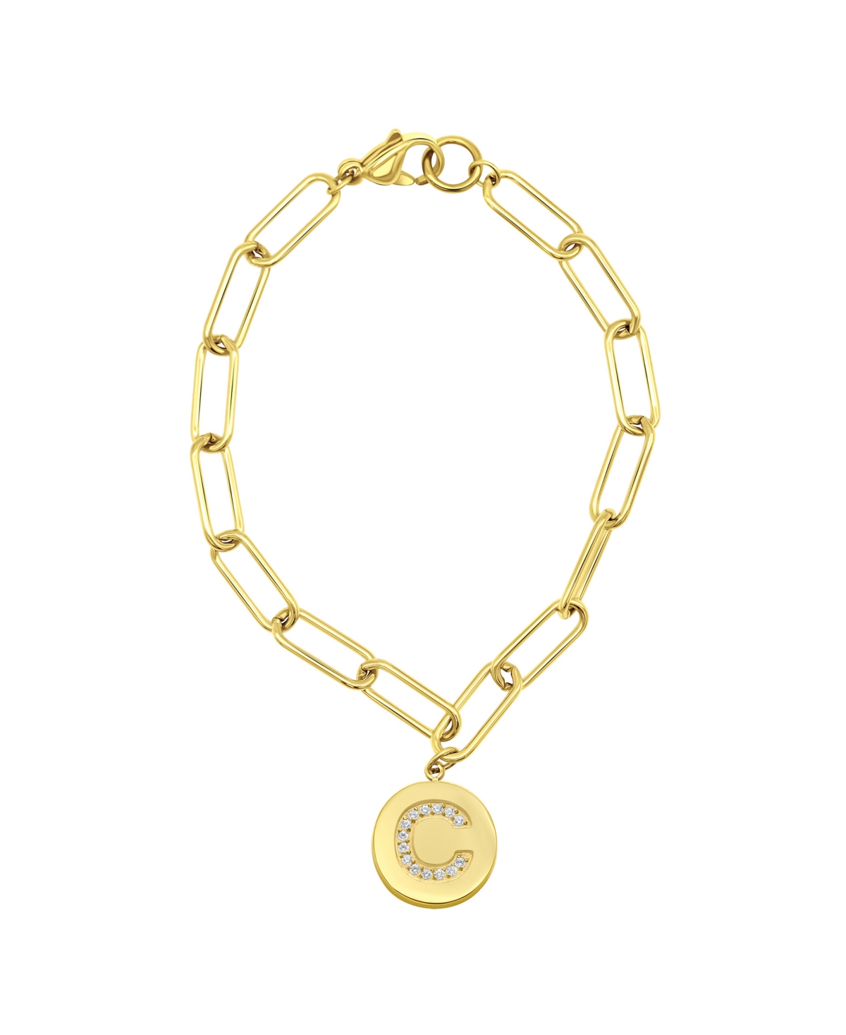Adornia Tarnish Resistant 14K Gold-Plated Pave Crystal Initial Disc Paperclip Bracelet - Gold- C