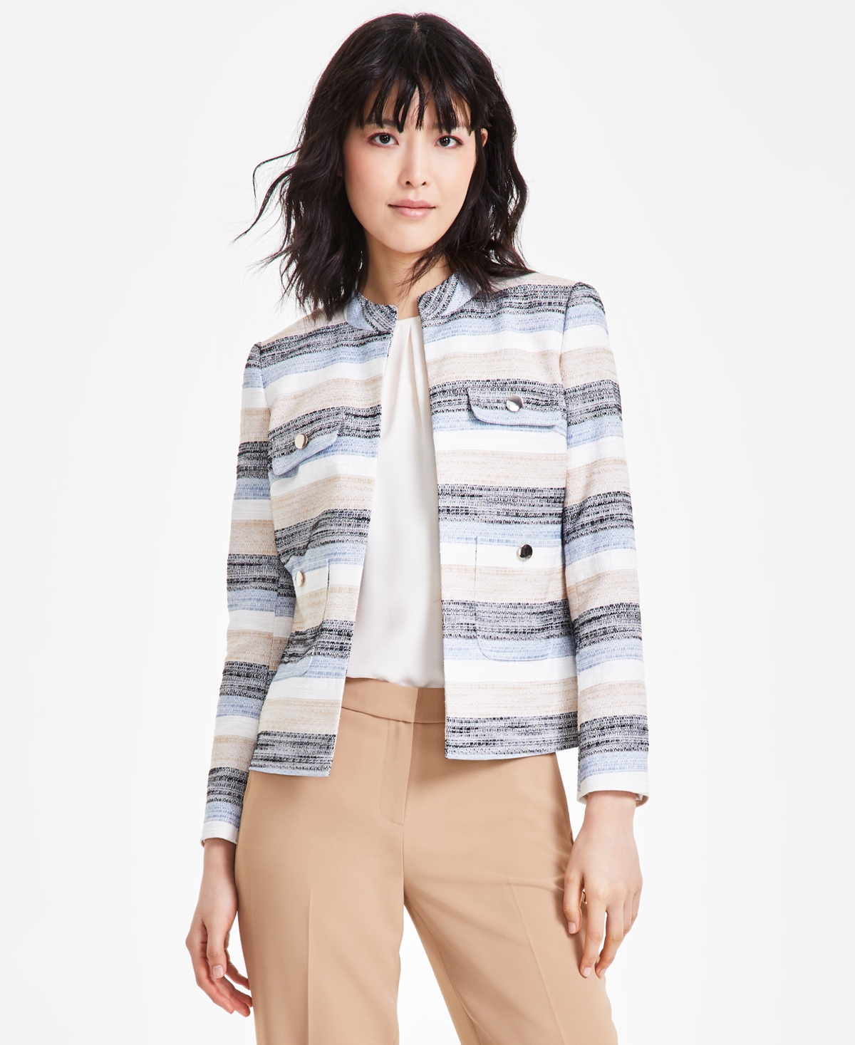 Women's Tweed Striped Jacket - Light Coffee