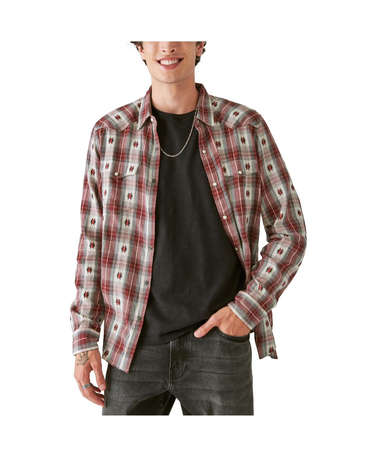 Shop Lucky Brand Men's Plaid Dobby Button-down Western Shirt In Red Dobby Plaid