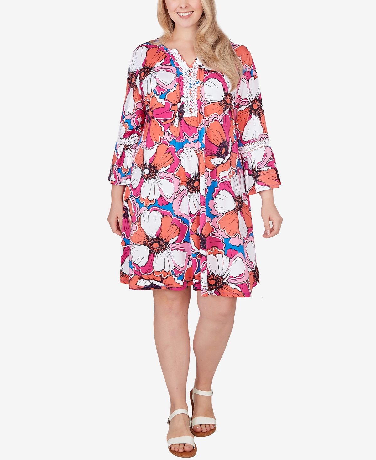 Plus Size Floral Puff Print Dress - Raspberry Multi