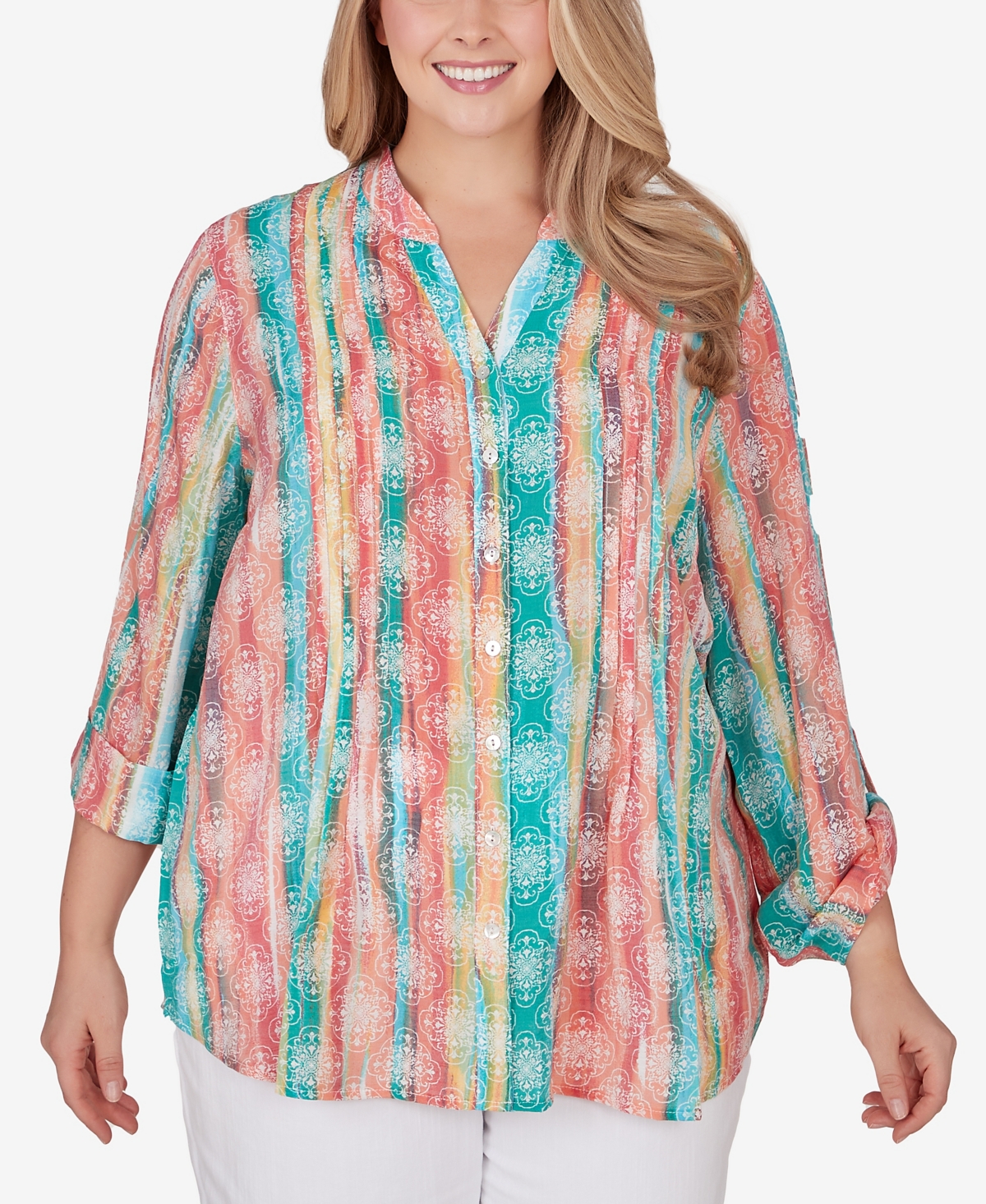 Ruby Rd. Plus Size Woven Silky Gauze Stripe Button Front Top In Parrot Multi