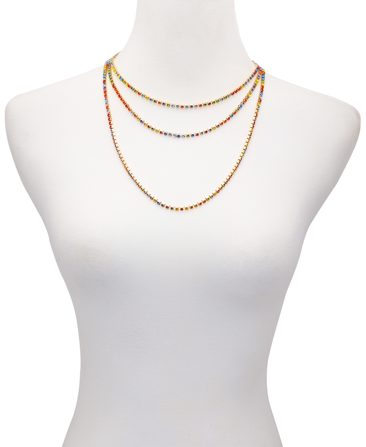 Shop Guess Gold-tone Multicolor Rhinestone Three-row Tennis Necklace, 24" + 2" Extender In Rain Bow