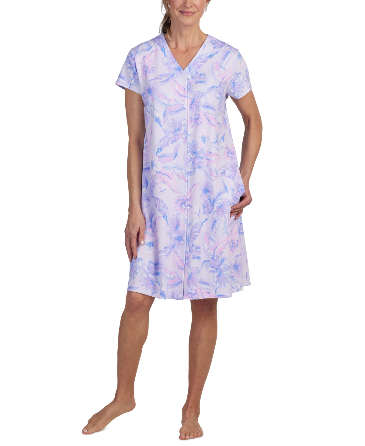 Shop Miss Elaine Women's Short-sleeve Floral Snap Robe In Lavender