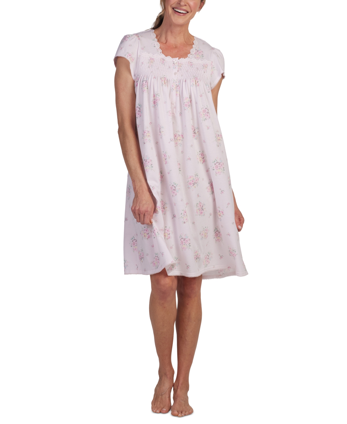 Shop Miss Elaine Women's Smocked Floral Lace-trim Nightgown In Spring