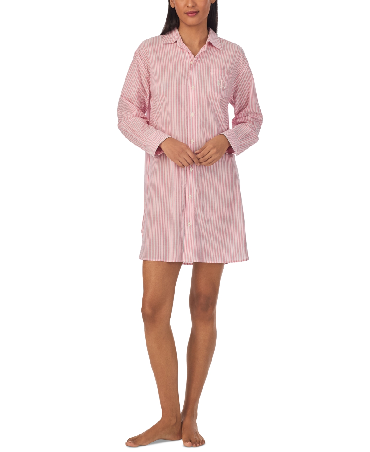 Shop Lauren Ralph Lauren Women's Long-sleeve His Shirt Sleepshirt In Pink Stripe