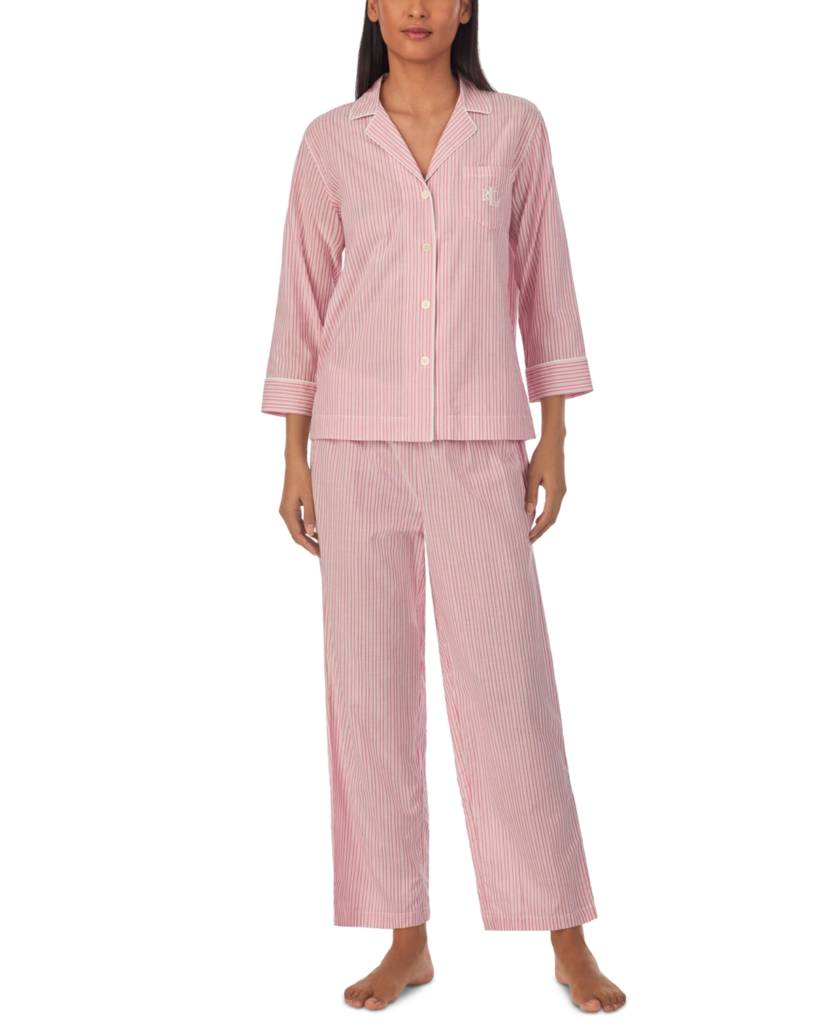 Shop Lauren Ralph Lauren Petite 2-pc. 3/4-sleeve Printed Pajamas Set In Pink Stripe