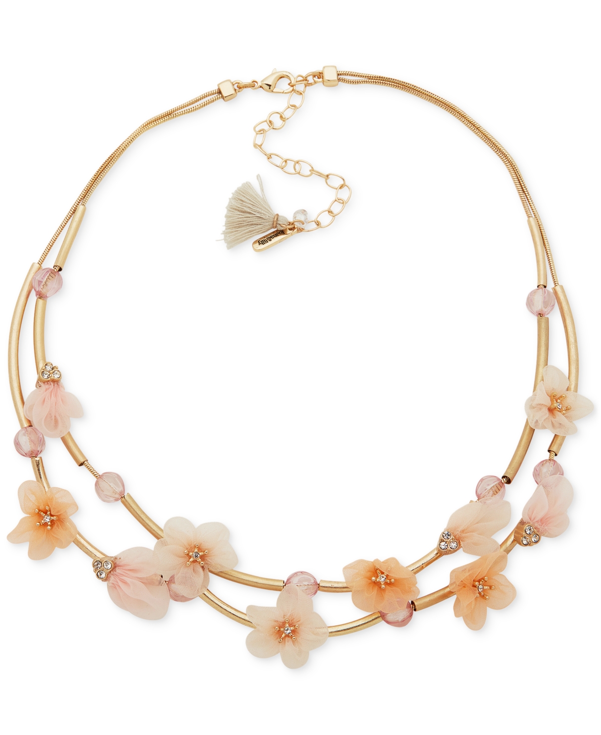 Gold-Tone Pave & Ribbon Flower Beaded Layered Necklace, 16" + 3" extender - Orange