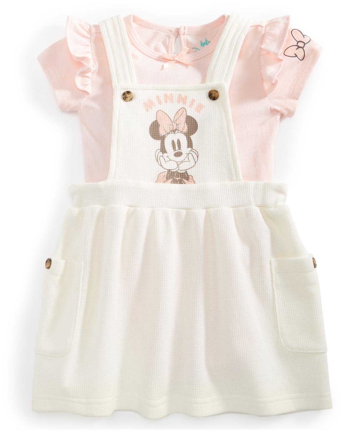Shop Disney Baby Minnie Mouse 2-pc. Printed Waffle-knit Jumper & Ruffle-trim Bodysuit Set In White