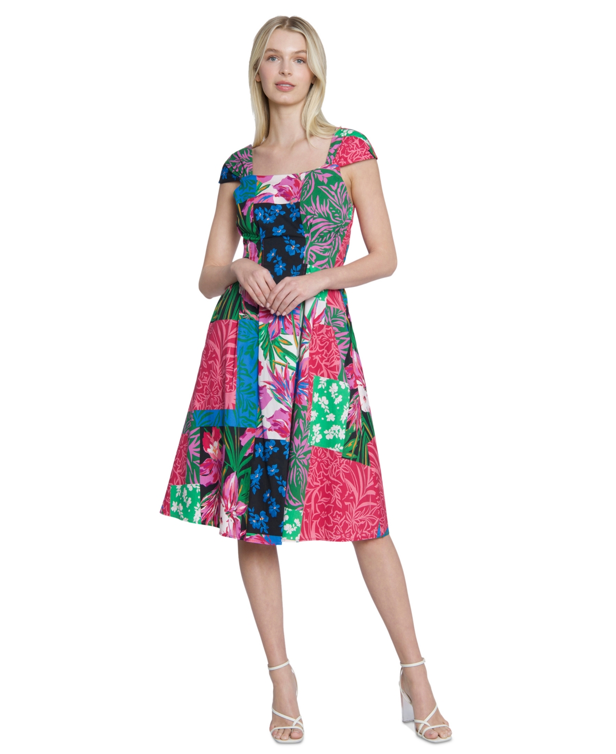 Women's Patchwork-Print Cap-Sleeve Dress - Pink/blue