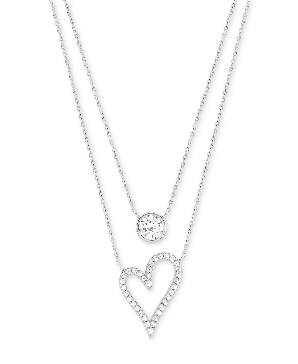 Cubic Zirconia Bezel & Heart Layered Necklace in Sterling Silver, 16" + 2" extender - Sterling Silver
