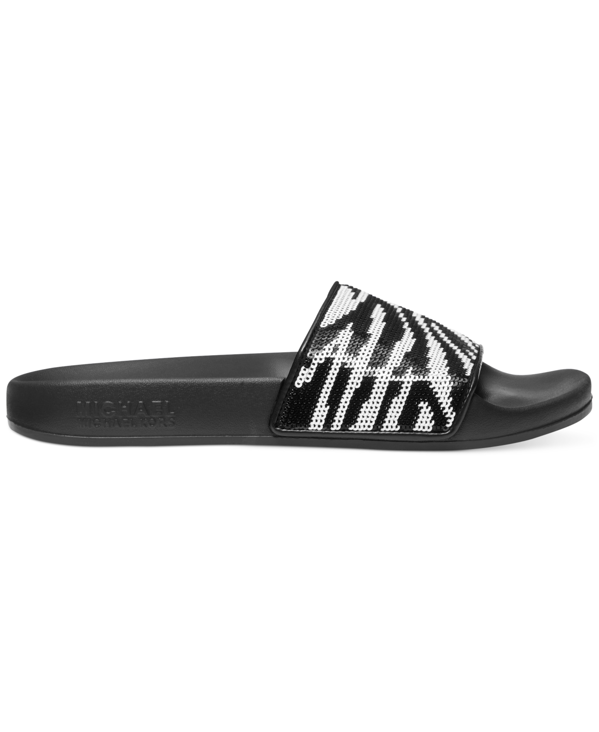 Shop Michael Kors Michael  Women's Gilmore Zebra Sequin Slide Sandals In Optic White,silver