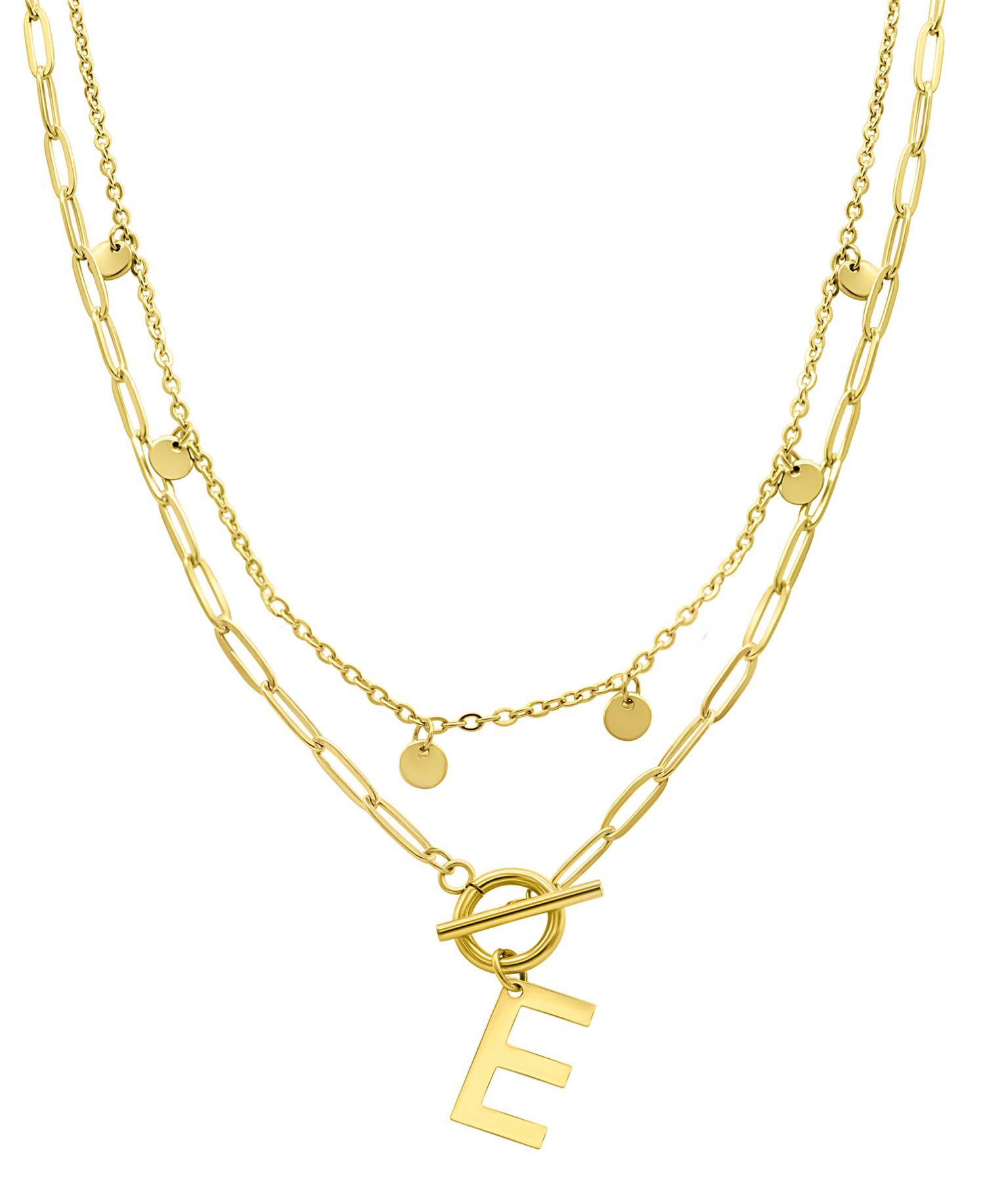 Tarnish Resistant 14K Gold-Plated Confetti and Paperclip Layered Initial Toggle Necklace