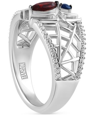 Marvel Garnet (1/4ct. t.w.) Sapphire (1/20 ct. t.w.) & Diamond (1/6 ct. t.w.) Spiderman Ring in Sterling Silver
