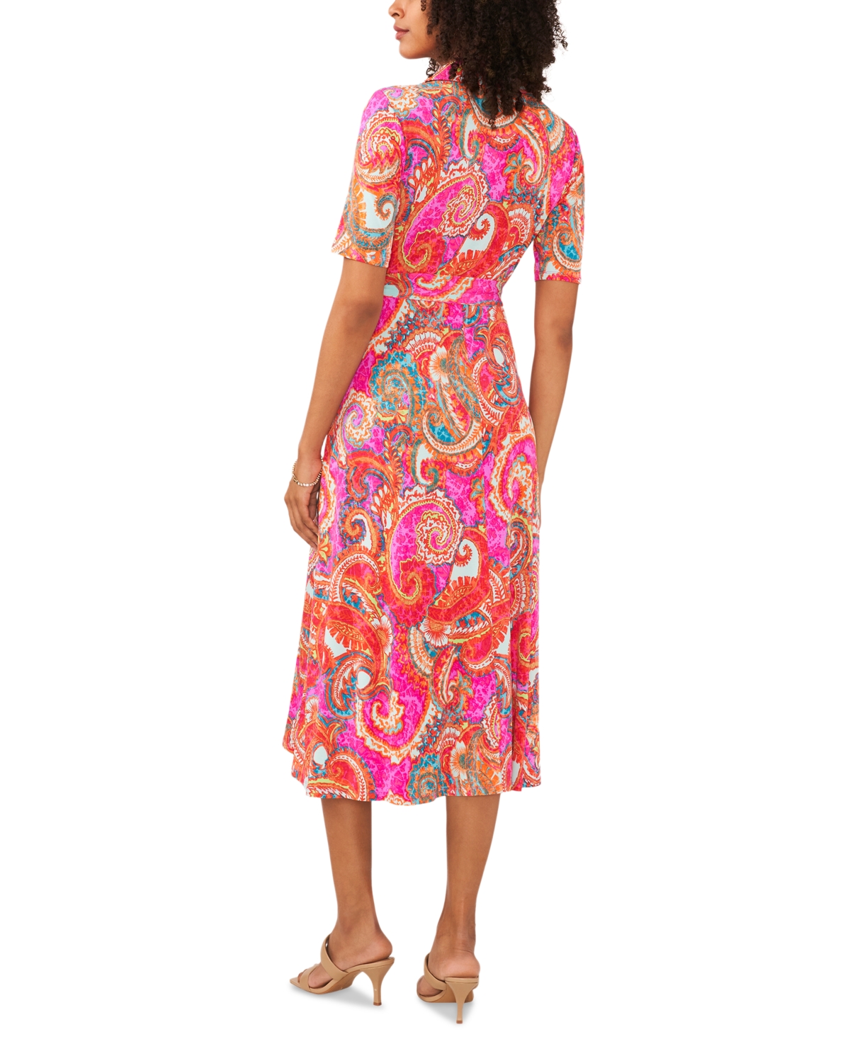 Shop Msk Women's Printed Collared Short-sleeve Midi Dress In Fuchsia,aqua