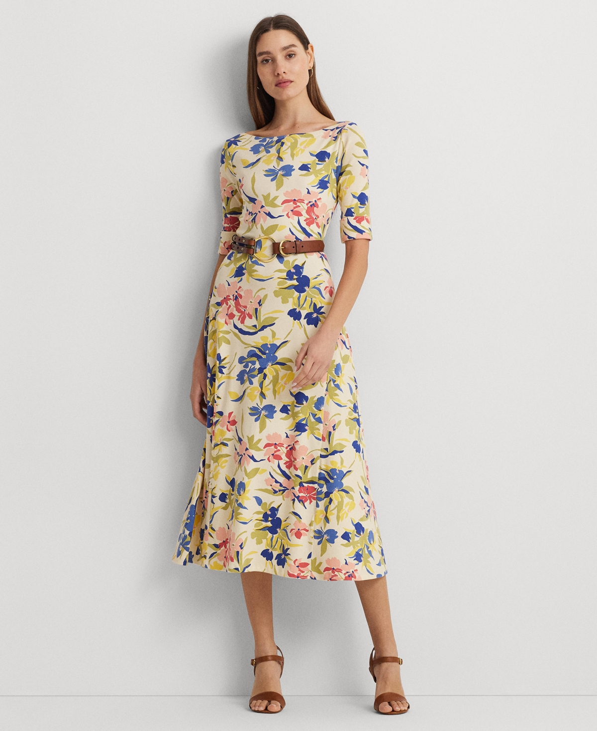 Shop Lauren Ralph Lauren Women's Floral Stretch Cotton Midi Dress In Cream Multii