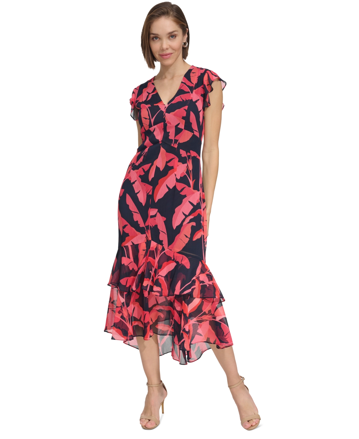 Tommy Hilfiger Women's Printed Flutter-sleeve Ruffled High-low Midi Dress In Skycpt,prd